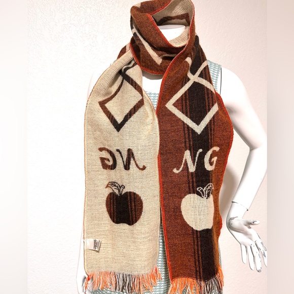 Natural Grocers Apple Logo Wool Scarf w/ Fringe Geometric Print Knit Scarf. - Picture 2 of 6